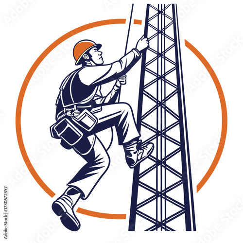 Skilled worker in safety harness climbing a tall communication tower with a circular frame