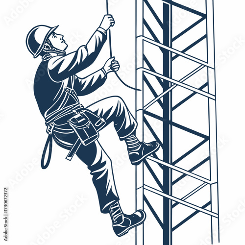 Skilled worker in safety harness climbing a tall metal tower using a rope and ladders