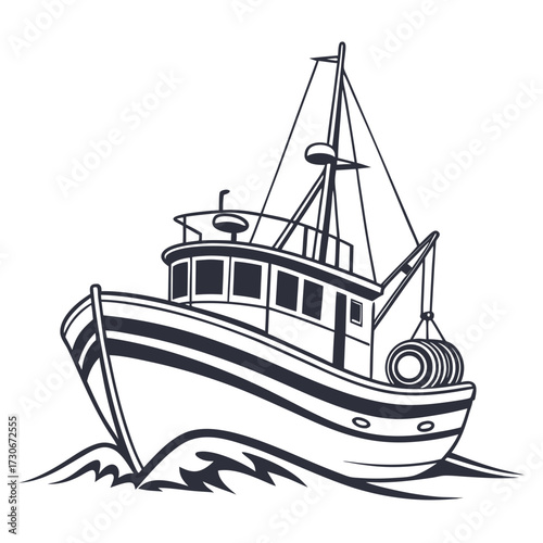 Stylized black and white illustration of a fishing trawler boat sailing through choppy ocean waves
