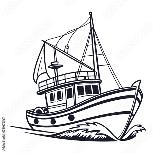 Stylized black and white illustration of a fishing trawler boat sailing through choppy waves