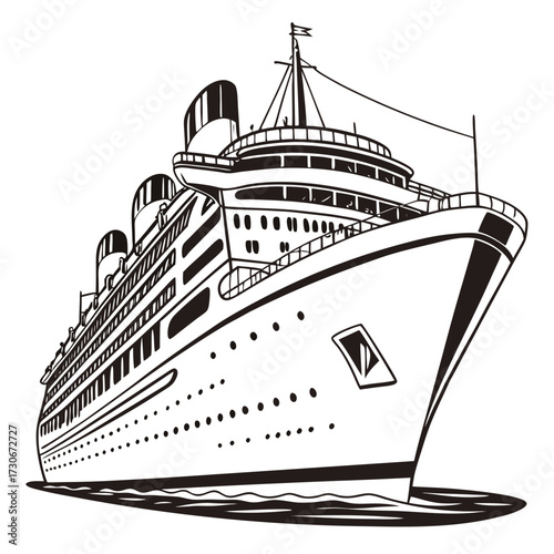 Stylized black and white illustration of a large passenger cruise ship sailing on the water