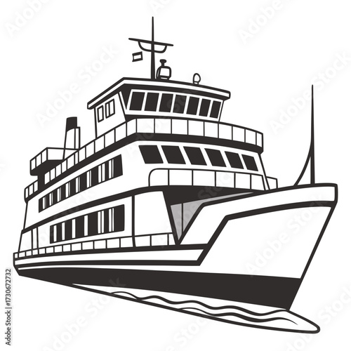 Stylized black and white illustration of a large passenger ferry boat sailing on the water