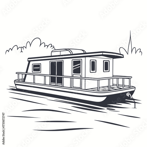 Stylized black and white illustration of a modern houseboat floating on calm water with abstract clouds above
