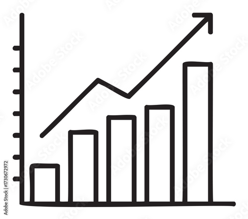 Hand-drawn bar chart showing upward trend and growth arrow - stock vector