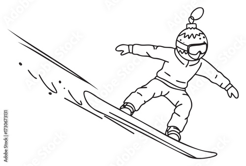 Black and white illustration of snowboarding child in winter gear - stock vector