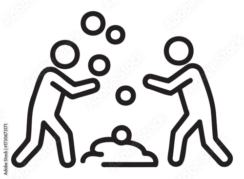 Stick figures having a snowball fight with snowballs piled on the ground - stock vector