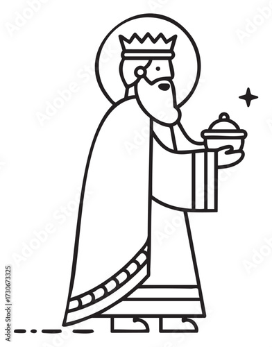 Outline art of biblical figure: caucasian male offering gift with crown and halo - stock vector