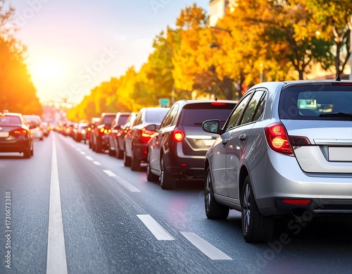 City street traffic jam at sunset
