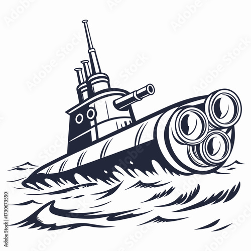 Stylized illustration of a dark submarine with multiple torpedo tubes and a cannon sailing through choppy blue waves