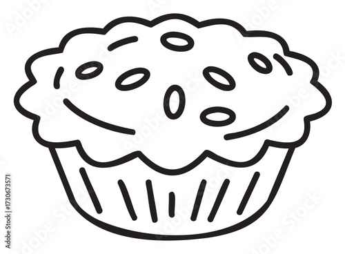 Hand-drawn muffin outline with seeds and wrinkled wrapper - stock vector
