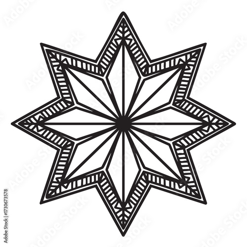 Intricate geometric eight-pointed star design with tribal patterns - stock vector
