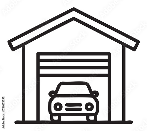 Minimalist line art of car in garage with open roof design - stock vector