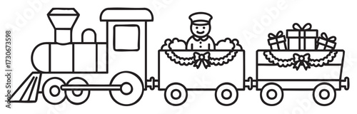 Festive black and white christmas train with gifts and smiling conductor - stock vector