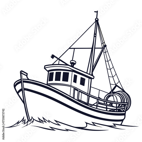 Stylized illustration of a fishing trawler boat sailing through choppy ocean waves in a graphic outline style