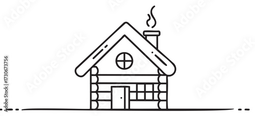 Minimalist black and white line art of a cozy log cabin with smoke from chimney - stock vector