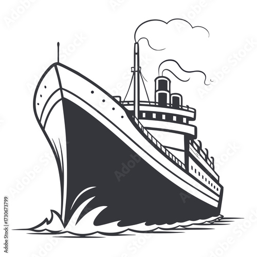 Stylized illustration of a grand vintage ocean liner sailing through choppy waves with smoke billowing from its stacks