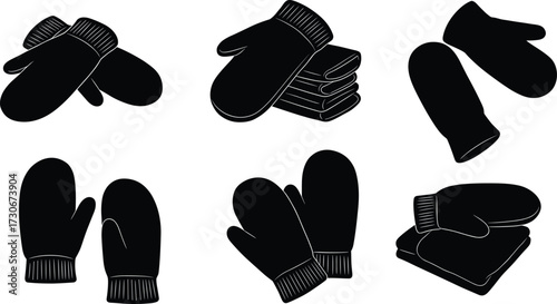 PrintCollection of winter mittens illustrations, warm knitted gloves, cozy handwear designs, soft wool accessories, cold weather clothing, fashion elements, vector set