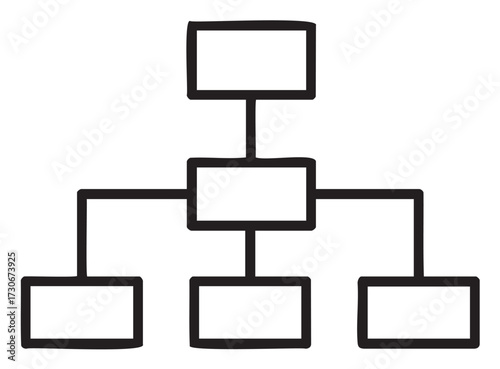 Simple black and white organizational flow chart with five connected rectangles - stock vector