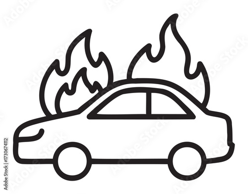 Outline illustration of a car on fire with flames - stock vector