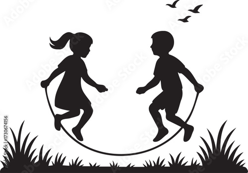 Two children, a boy and a girl, joyfully jumping rope together in a grassy field with birds flying in the background, isolated on transparent background