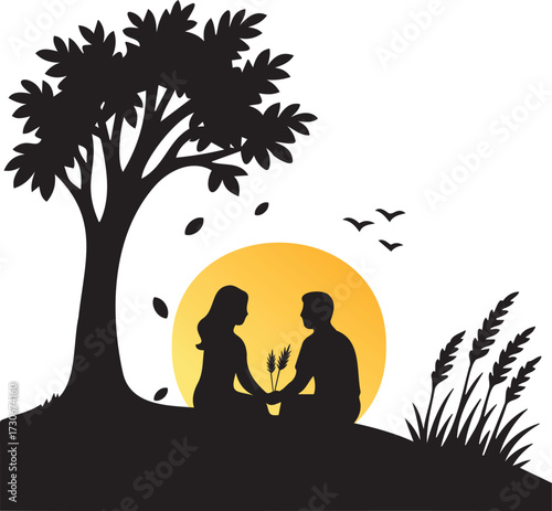 Silhouette of a couple sitting under a tree, holding hands, with birds flying in the sky and reeds on the ground against a large yellow sun, romantic scene on transparent background