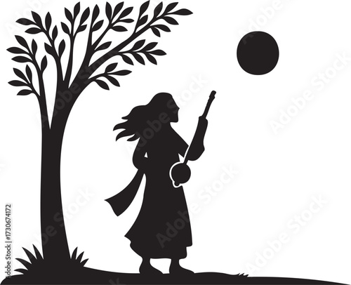 Silhouette of a person playing a musical instrument under a tree with a full moon in the sky, isolated on transparent background