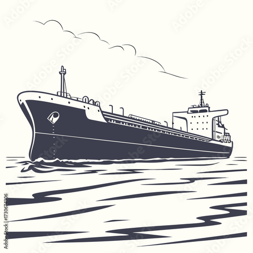 Stylized illustration of a large cargo ship sailing on the ocean with stylized clouds in the background