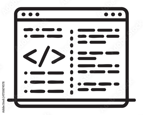 Laptop displaying code editor icon with coding symbols and lines - stock vector