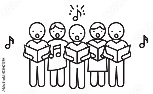 Five animated figures singing together with musical notes - stock vector