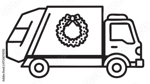 Festive garbage truck with christmas wreath line art illustration - stock vector
