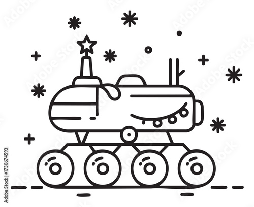 Festive space rover with starry sky and snowflakes in black and white illustration - stock vector
