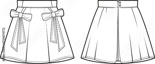 Girl’s flared skirt fashion template with waist bow tie detail, button back closure cad drawing flat vector illustration for design