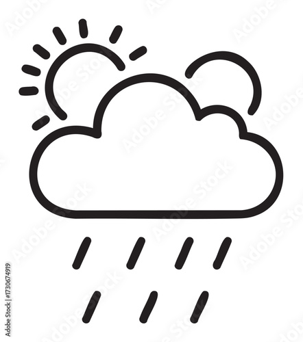 Simple line art of sun, cloud, and rain depicting changing weather conditions - stock vector