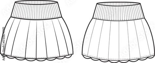 Pleated scallop hem mini skirt technical fashion flat, high waist design, vector template, front and back view, CAD drawing flat vector illustration