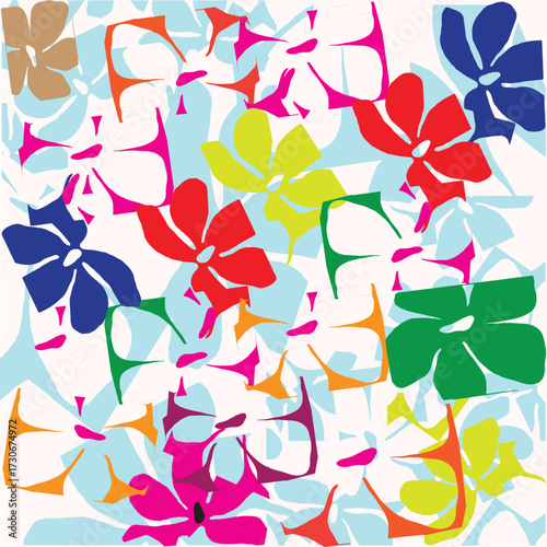 Colorful abstract floral repeat pattern with various flowers in red, blue, green, yellow, and pink against a light background.
