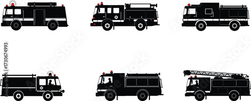 PrintFire truck silhouettes, emergency vehicles, firefighter transport, rescue trucks, ladder engines, emergency response, fire engines, safety vehicles, firefighting equipment, trucks illustration