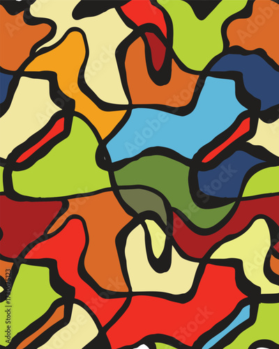 A vibrant abstract pattern featuring a mix of bright colors including red, blue, green, and orange, outlined in bold black.