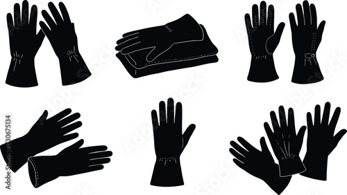 PrintGlove silhouette vector set, leather gloves, winter gloves, protective handwear, fashion accessory, clothing design element, black outline illustration for style