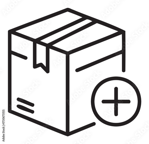 Add to cart icon: simple black line drawing of box with plus sign - stock vector