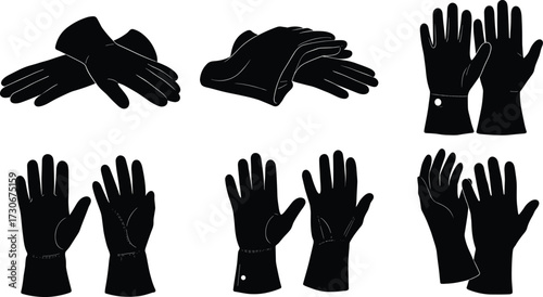 PrintGlove silhouette vector set, winter gloves, leather gloves, fashion handwear, clothing accessory illustration, protective gloves design, black outline isolated illustration