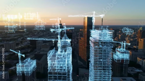Futuristic Cityscape: Holographic Building Construction Over Urban Skyline at Sunset