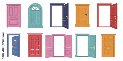 Open and Closed Door Collection Featuring Cartoon Entrance and Exit Designs with Handles and Frames for Home Exterior Architecture in Vector Set Illustration Concept
