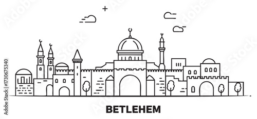 Minimalist black and white line art of historic bethlehem skyline with religious landmarks - stock vector