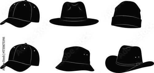PrintHat silhouette collection, baseball cap, bucket hat, cowboy hat, winter beanie, fedora design, fashion accessory vector, headwear clothing illustration