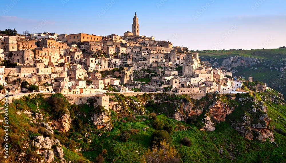 Fototapeta premium Panoramic view of a picturesque hillside town
