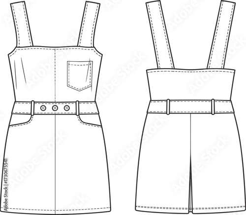 Women’s belted pinafore dress technical fashion flat, sleeveless denim jumper design, vector template, front and back view, CAD drawing flat vector illustration