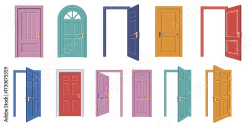 Open and Closed Door Collection Featuring Cartoon Entrance and Exit Designs with Handles and Frames for Home Exterior Architecture in Vector Set Illustration Concept