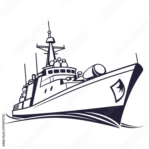 Stylized illustration of a modern navy warship sailing through stylized waves on a white background
