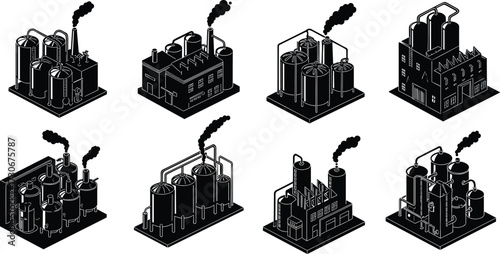 PrintIndustrial factory buildings, manufacturing plant silhouettes, refinery with chimneys, power industry, processing facility, black vector illustration, heavy industry, smoke pollution