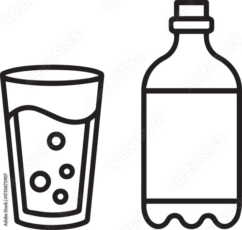 Vector art of line art of a glass of soda and a bottle